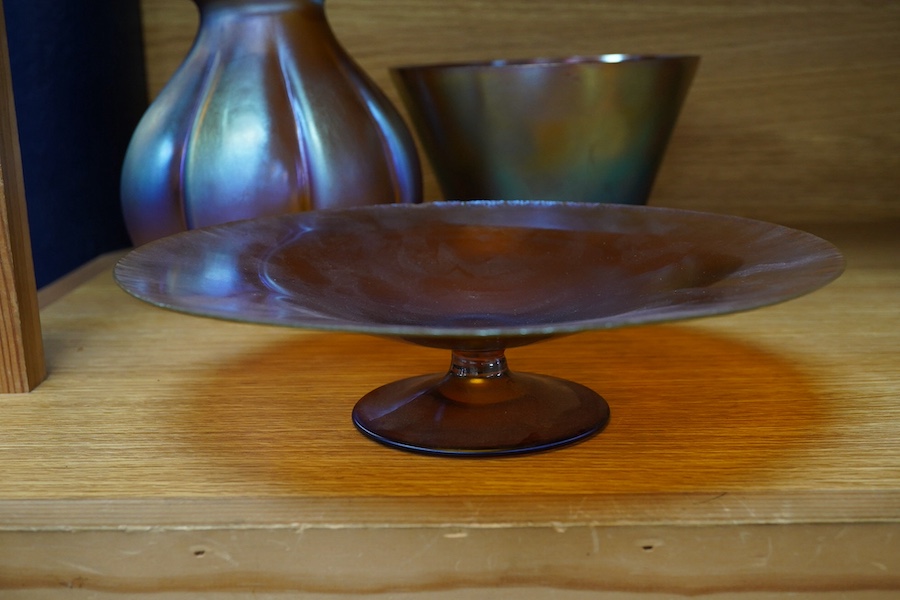 Two WMF Myra iridescent glass vases and a similar tazza, largest 24cm diameter. Condition - tazza chipped at rim, otherwise good